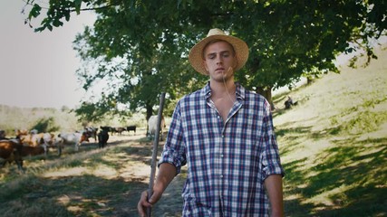 Young villager man shepherd in straw hat walking with his flock of cows on a rural background, slow motion