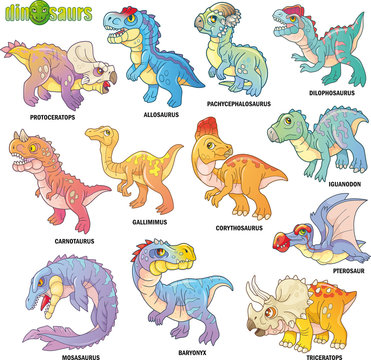 cartoon cute prehistoric dinosaurs, set of images, funny illustrations
