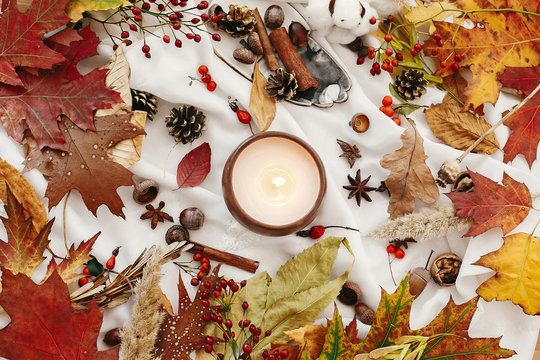 Hello autumn flat lay, cozy inspirational image. Hygge lifestyle. Candle with berries, fall leaves, herbs, acorns, nuts , cinnamon on white fabric. Autumn mood.