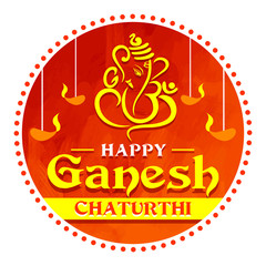 Happy Ganesh Chaturthi. Indian Festival of lord Ganapati Banner, Logo design, Sticker, Concept, Greeting Card Template, Icon, Poster, Unit, Label, Web, Mnemonic on Red and Yellow Background in circle.