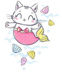 Hand drawn kitten mermaid and shell. Fantasy cute cat. Print design for baby t-shirt.