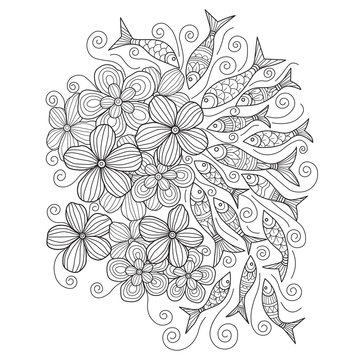 Hand drawn sketch illustration of fish and flowers for adult coloring book.