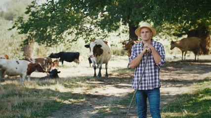Young villager man shepherd in straw hat with his flock of cows on a rural background, slow motion