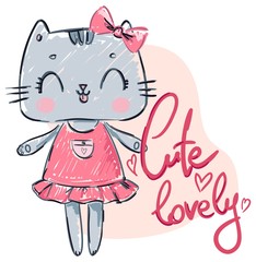 Obraz na płótnie Canvas Hand drawn cute cat. Bow. Print for t-shirt. Lovely lettering.