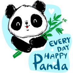 Hand drawn cute panda bear and bamboo. vector illustration.