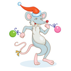 Funny smart gray rat - a symbol of the new year is dancing. In cartoon style. Isolated on a white background.