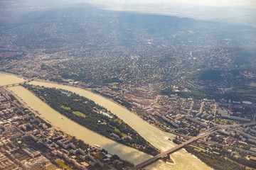 Aerial view of Danube river in Budapest, Hungary