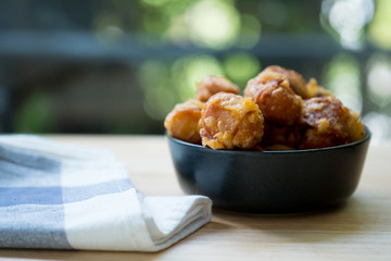 Fried meatballs is delicious in black bowl