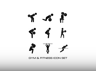 Set of Workout in Fitness Center Vector Icon. This Icon Collection Consist of Teen Gym Exercise, Among Them, Pull Up, Squat, Triceps Kick Back and More. Isolated on White Background. EPS 10