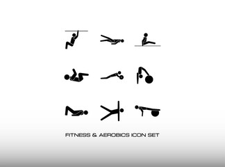 Set of Aerobics and Gymnastics Icon in Black and Simple Style. Consist of Teen about Exercise in the Fitness Center. In Trendy Flat Isolated on White Background.
