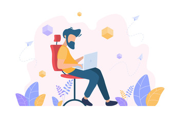 The man works, watches the news, sits on social networks. Freelancer. Vector illustration