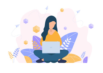 Woman works, watches news, sits on social networks. Freelance. Vector illustration