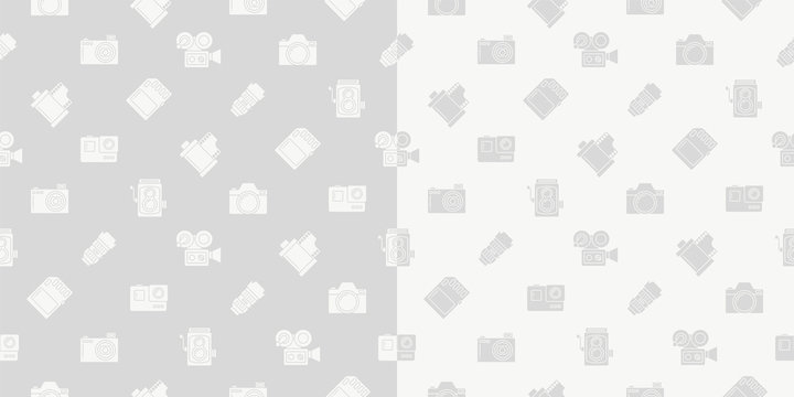 Vector photography camera, cinema or movie camera set solid seamless pattern background.