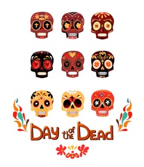 Decorative Colorful Skulls set day of the dead vector illustration. Mexican Dia de los Muertos.