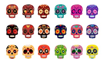 Decorative Colorful Skulls set day of the dead vector illustration. Mexican Dia de los Muertos.