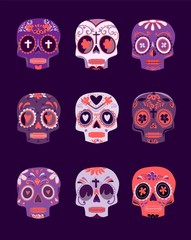 Decorative Colorful Skulls set day of the dead vector illustration. Mexican Dia de los Muertos.