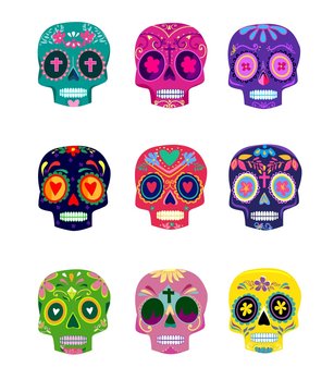 Decorative Colorful Skulls set day of the dead vector illustration. Mexican Dia de los Muertos.