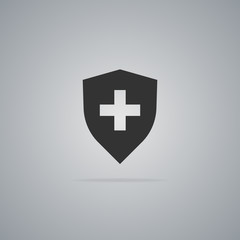 Obraz premium Medical shield black icon in flat style isolated on gray background. Vector illustration.