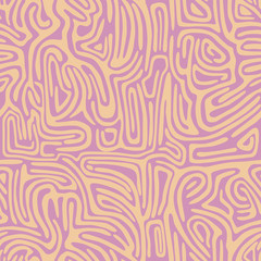 Labyrinthine seamless pattern with curve peach figures on pink backdrop. Bent shapes seamless abstract pattern. Abstract wallpaper. Convoluted figures pattern. Short thick curved stripes.