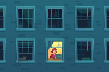 Working at night. Busy workaholic works home at nights when neighbors asleep, lonely man in window frame. Designer freelancer or it programmer job deadline cartoon vector illustration