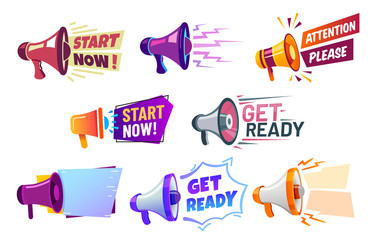 Advertising banners with megaphone. Get ready badge speaker, attention please and start now banner. Hr recruitment logo, work hiring or shopping creative speaker isolated vector icons set