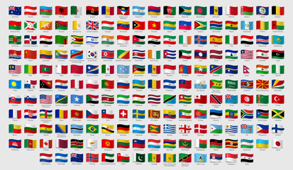 World national waving flags. Official country signs with names, countries flag banners. International travel symbols, geography or language lesson flags emblem. Isolated vector signs set - obrazy, fototapety, plakaty