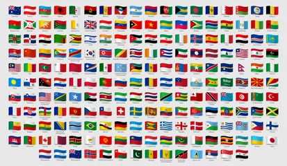 Foto op Canvas World national waving flags. Official country signs with names, countries flag banners. International travel symbols, geography or language lesson flags emblem. Isolated vector signs set © Tartila