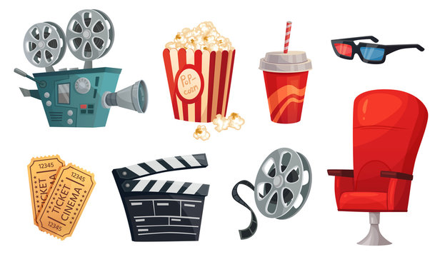 Cartoon cinema elements. Movie theater popcorn, filming cinema clapperboard and retro film camera. Cinema chair, 3d glass, drink and movies premiere ticket cinematography vector illustration set