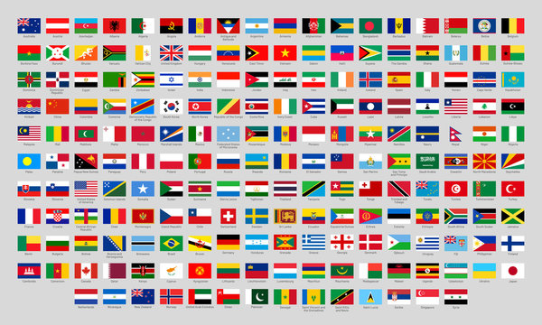 World national flags. Official country signs, europe emblems, asia and america countries flag. International language knowledge or Africa, Canada and Japan flags. Flat isolated vector icons set