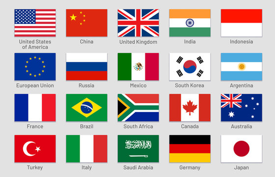 G20 countries flags. Major world advanced and emerging economies states, official Group of Twenty flag labels. International financial summit forum meeting flags symbols. Isolated vector icons set