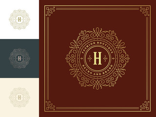 Vintage logo monogram template vector golden elegant flourishes ornaments.