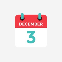 Flat icon calendar 3 December. Date, day and month. Vector illustration.