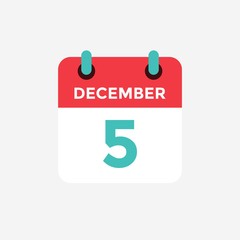 Flat icon calendar 5 December. Date, day and month. Vector illustration.