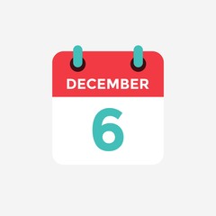 Flat icon calendar 6 December. Date, day and month. Vector illustration.
