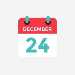 Flat icon calendar 24 December. Date, day and month. Vector illustration.