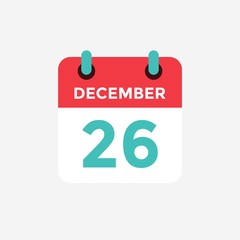 Flat icon calendar 26 December. Date, day and month. Vector illustration.