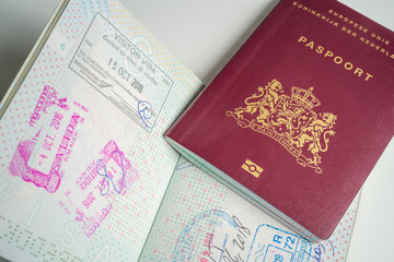 Dutch passport with stamps from diferent countrys like New Zealand, Peru, and USA New York