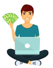 A young guy holding a pack of banknotes. Earnings on the Internet. Work, education and entertainment via the Internet. The guy sits with a laptop on his lap. Flat style on white background. Cartoon.
