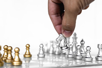 Chess board game with white background, business competitive concept
