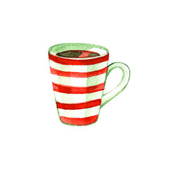 Watercolor illustrations of white coffee cup with a red stripes. Coffee cup isolated on white background closeup handmade. Elements to design menu or cards