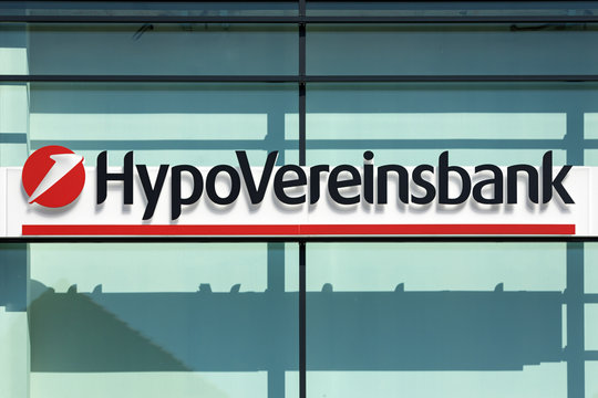 Stade, Germany - August 22, 2019: Signage on window identifying a HypoVereinsbank bank branch