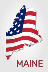 Map of the state of Maine in combination with a waving the flag of the United States. Maine silhouette or borders for geographic themes - Vector