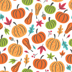 Seamless pattern for autumn season with pumpkin and fall leaves. Childish background for fabric, wrapping paper, textile, wallpaper and apparel.