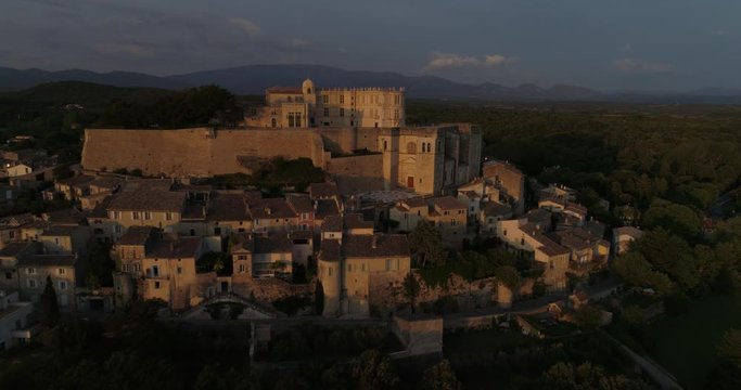 Grignan castle aerial approach, Dr&ocirc;me, France