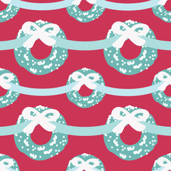 Christmas wreath garland seamless pattern, red, aqua and white. 1950's style design, fun and trendy with both a nostalgic and modern flair. For wrapping paper, textiles, holiday decorations and cards.