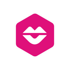 Flat icon with mouth. Women lips on red hexagon shape - Vector