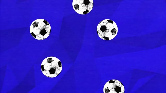 Colorful retro falling football soccer ball animation on a blue geometric background with an analogue interference and grain texture overlay