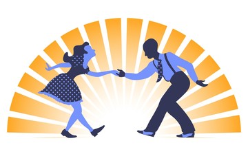 Obraz premium Swing dance couple silhouette in two colors on orange background with sunset rays