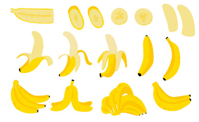 Cute banana fruit object collection.Whole, cut in half, sliced on pieces banana. Vector illustration for icon,logo,sticker,printable