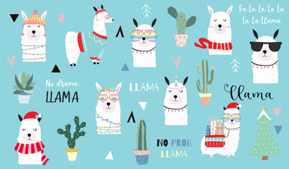 Cute animal object collection with llama,cactus,geometric. Vector illustration for icon,logo,sticker,printable.Editable element